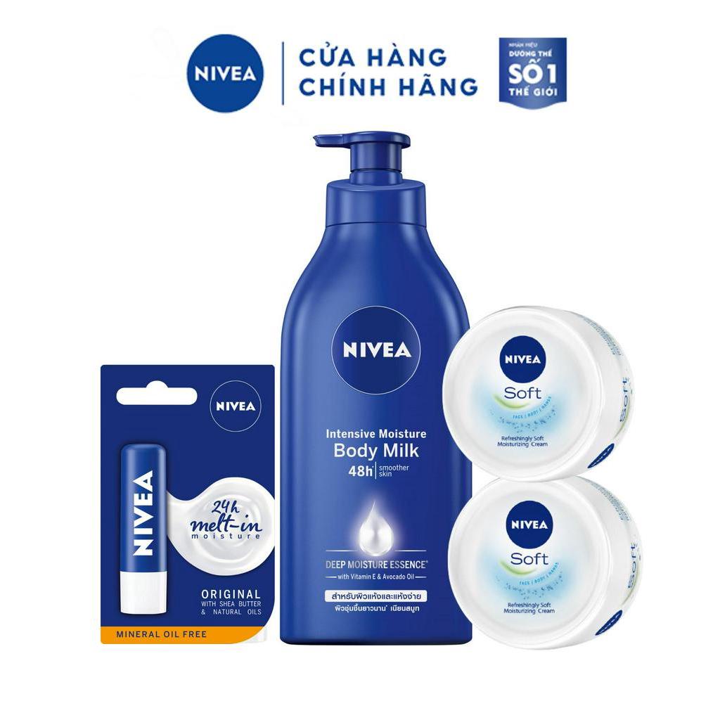 Bộ dưỡng ẩm chuyên sâu &amp; phục hồi da khô NIVEA: Dưỡng thể dưỡng ẩm 600ml, Kem làm mềm da (50ml x 2) &amp; Son dưỡng môi 4.8g