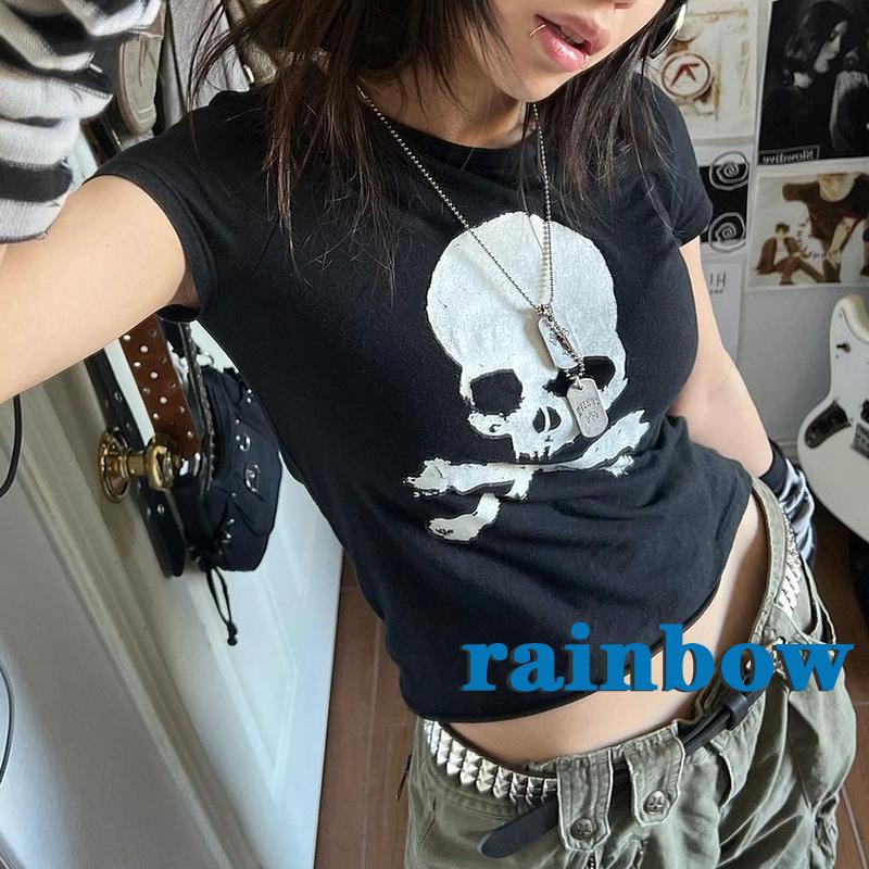 Áo Sweater Dệt Kim Tay Ngắn Cổ Tròn In Hình Đầu Lâu Màu Cầu Vồng Co Giãn Tốt Thời Trang Cho Nữ