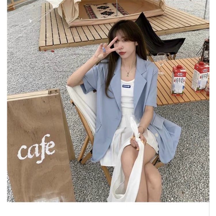 [Ảnh thật/Sẵn]Áo blazer ngắn tay nắp túi màu xanh trời/Áo vest ngắn tay Ulzzang