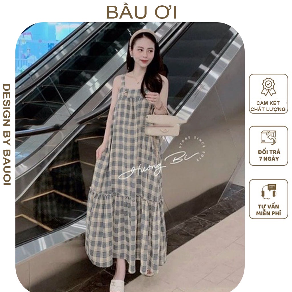 [MẪU MỚI 2022 BẦU ƠI V64] VÁY BẦU 2 DÂY KẺ CARO THIẾT KẾ ĐUÔI CÁ - ĐẦM BẦU BABY DOLL ĐI BIỂN SANG CHẢNH - VÁY MAXI