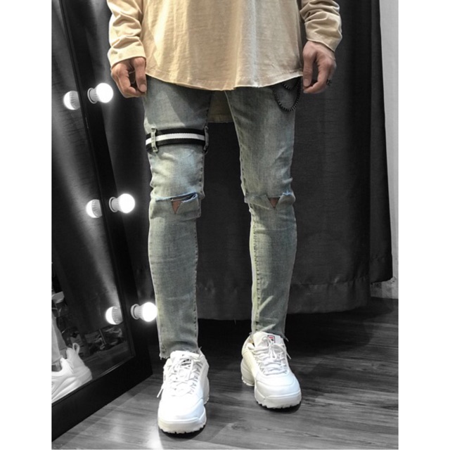 Quần skinny jeans phối đai, cắt gấu