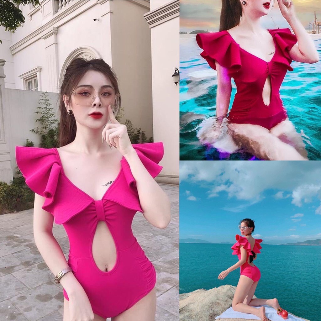 Bikini liền bèo vai sang chảnh, áo tắm nữ 1 mảnh khoét bụng màu hồng, bikini191