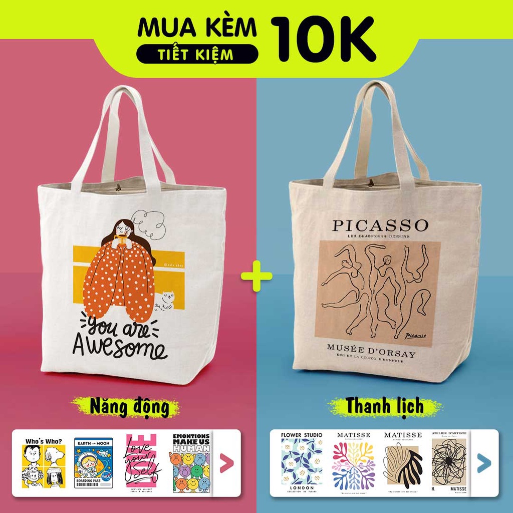 Túi tote Valu túi tote vải canvas có khóa size lớn hình dễ thương đáy mở rộng phong cách Hàn Quốc