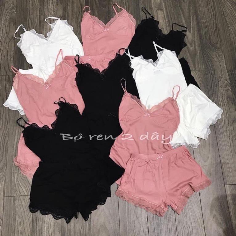 Set Đồ Bộ Nữ Thun Gân Đồ Ngủ Sexy Áo 2 Dây Phối Ren Quần Đùi Hồng Đen Trắng DRSET07