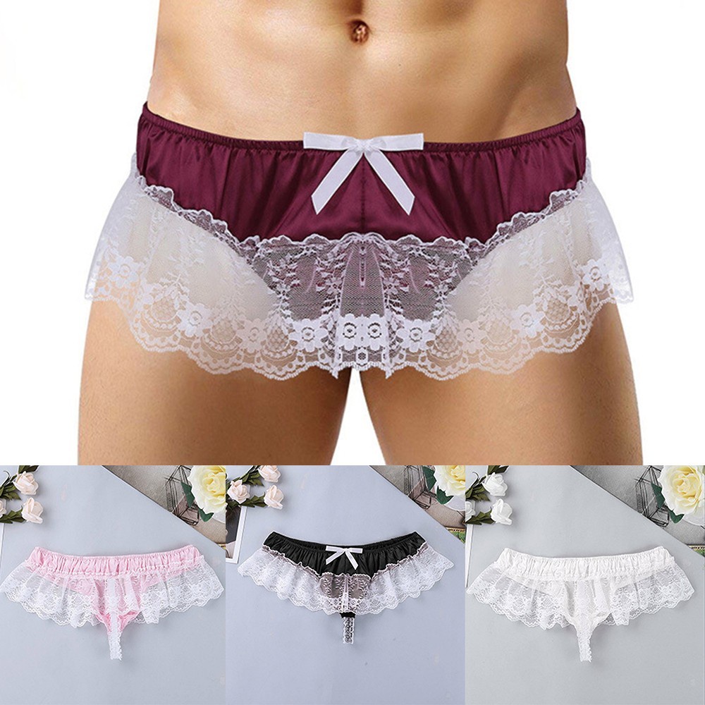 Quần lót nam G-String vải satin ren xuyên thấu gợi cảm