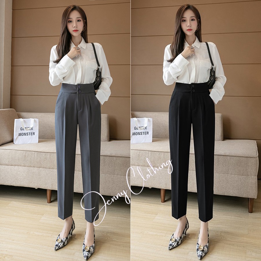 Quần baggy nữ cạp cao bản to phối 2 cúc lưng thun chun co dãn màu Đen Xám Nâu vải tuyết mưa mặc đi làm công sở học sinh