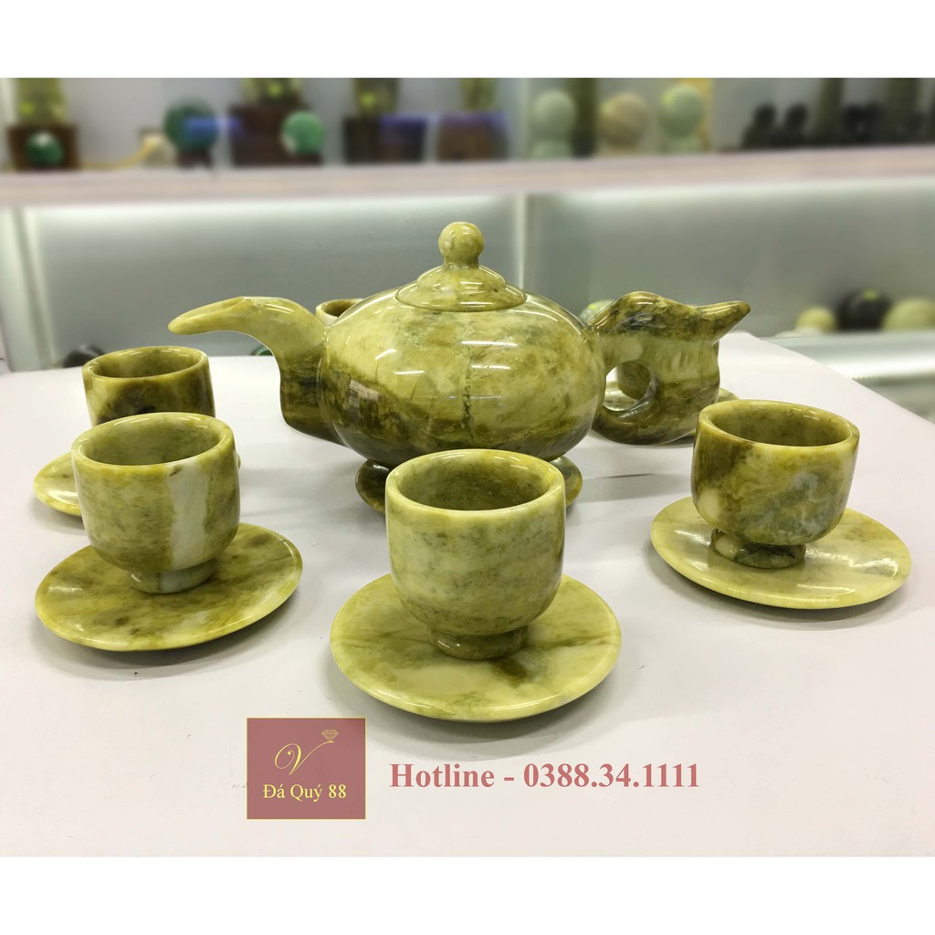 Bộ Ấm Trà Đá Ngọc Sepentine Tự Nhiên Nguyên Khối Văn Chấn Yên Bái Size Lớn