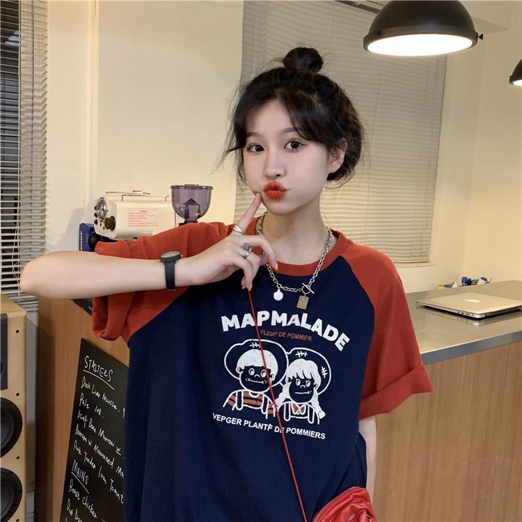 COZOK Áo Thun Ngắn Tay Dáng Rộng In Họa Tiết Tương Phản Cá Tính Kiểu Retro