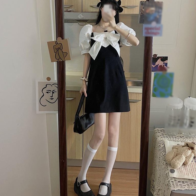 Đầm Tay Ngắn Phồng Cổ Vuông Dáng Chữ A Màu Sắc Tương Phản Phong Cách Preppy Cổ Điển Thời Trang Cho Nữ