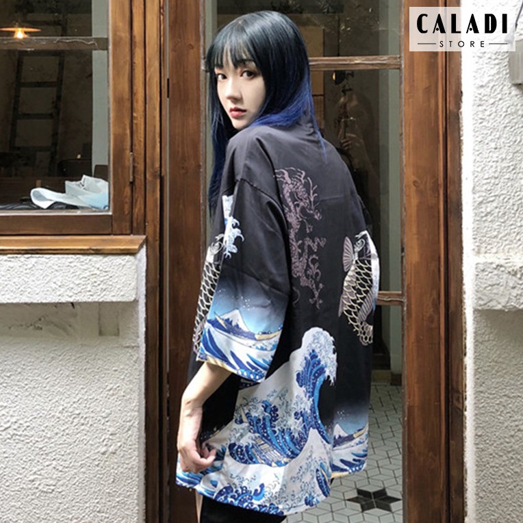 Áo khoác cardigan Kimono Haori đi biển hoạ tiết sóng biển