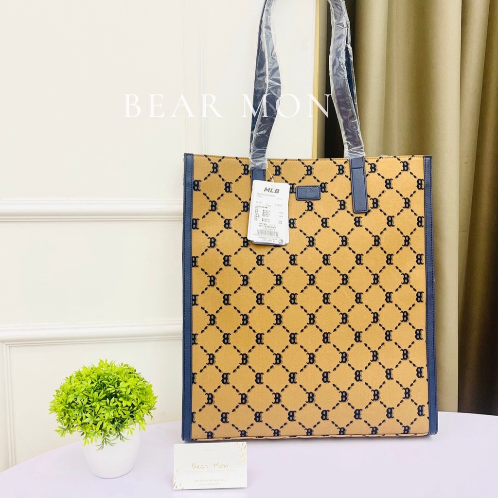 Túi MLB Diamond Monogram Jacquard Tote Boston Red Sox 3Aorm012N-43Bgd Màu Nâu viền đen logo chữ b mẫu mới