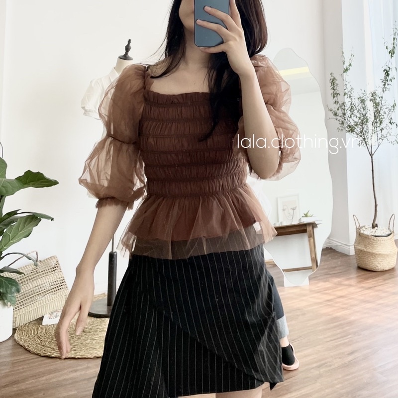 (SẴN) Áo voan nâu trầm cổ vuông tay phồng