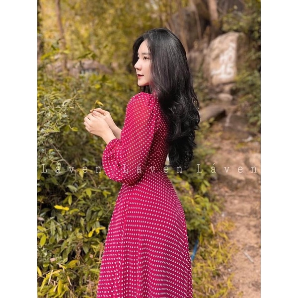 Đầm Váy Maxi Chấm Bi Tay Dài Phối Nút Cài Duyên Dáng Hàng Cao Cấp