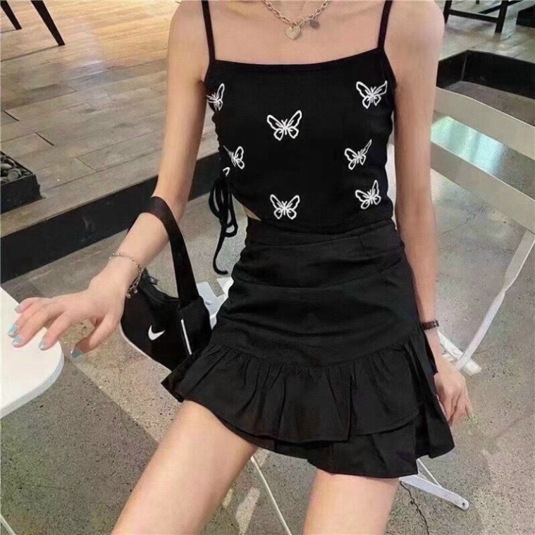 Áo bra 2 dây dáng croptop dây rút sườn hoạ tiết hình bướm có 3 màu đen, ghi, trắng nội y xanh chất đẹp
