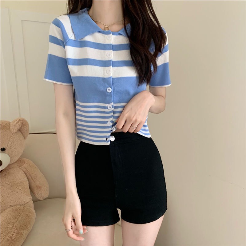 Áo Len Dệt Kim Sọc Cổ Bẻ Hàng Nút Tay Ngắn | Smide Clothing