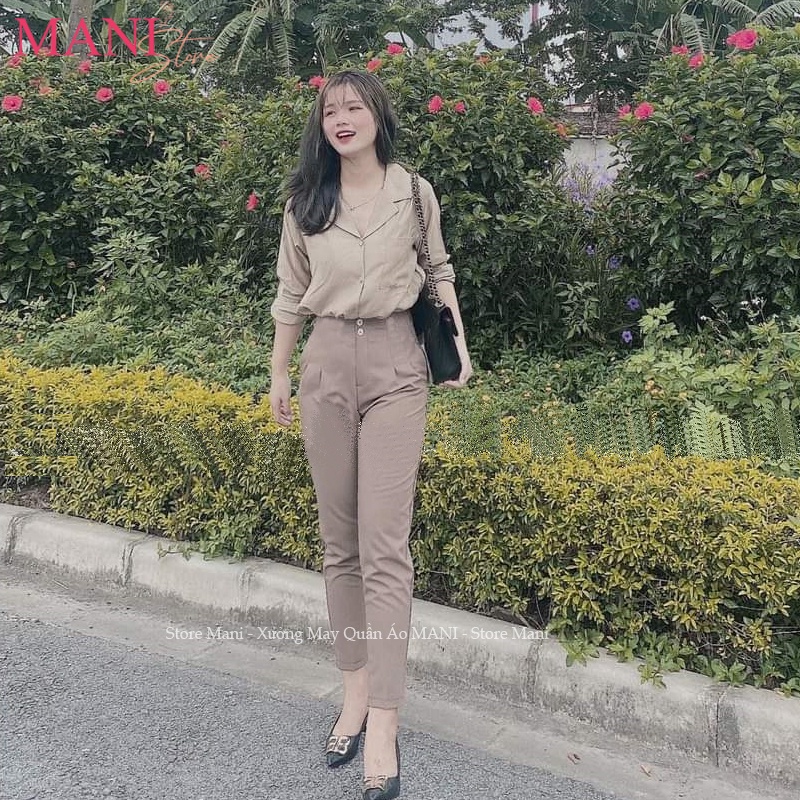 Quần tây công sở cạp liền lưng cao 2 cúc ống đứng dài kiểu quần baggy vải màu đen cạp cao nữ mặc đi học làm công sở đẹp