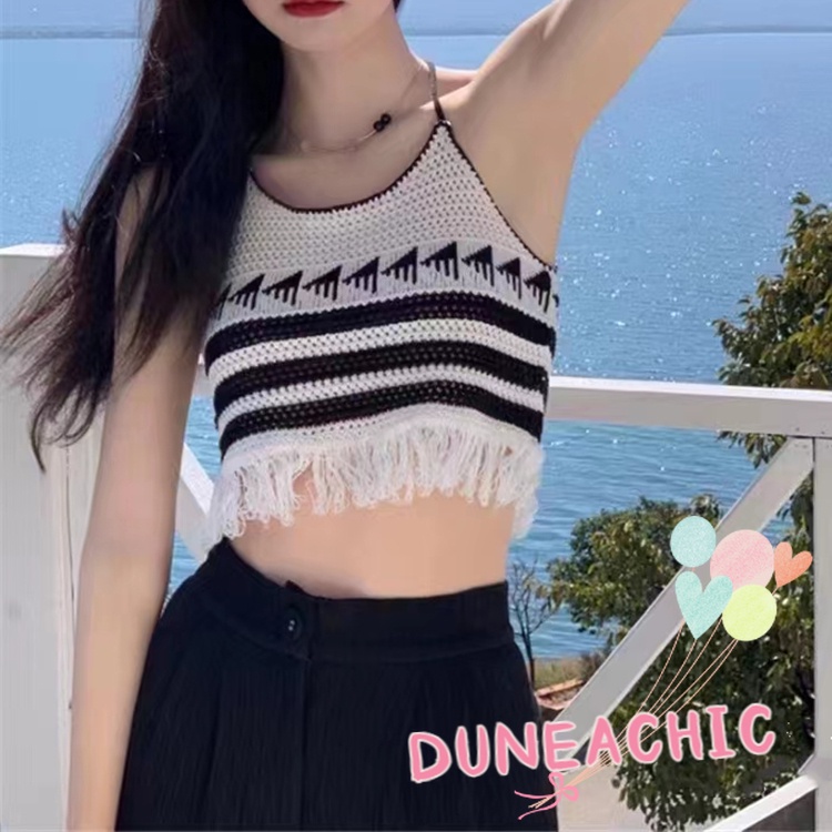 DUNEA Áo Hai Dây Kẻ Sọc Phối Tua Rua Thời Trang Cho Nữ