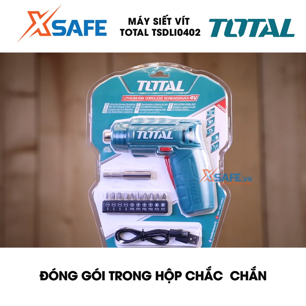 Máy bắn vít mini dùng pin 4V TOTAL TSDLI0402 đầu lục giác 1/4'', tốc độ 180v/p, lực xoắn 4nm, đèn led chiếu sáng - xsafe