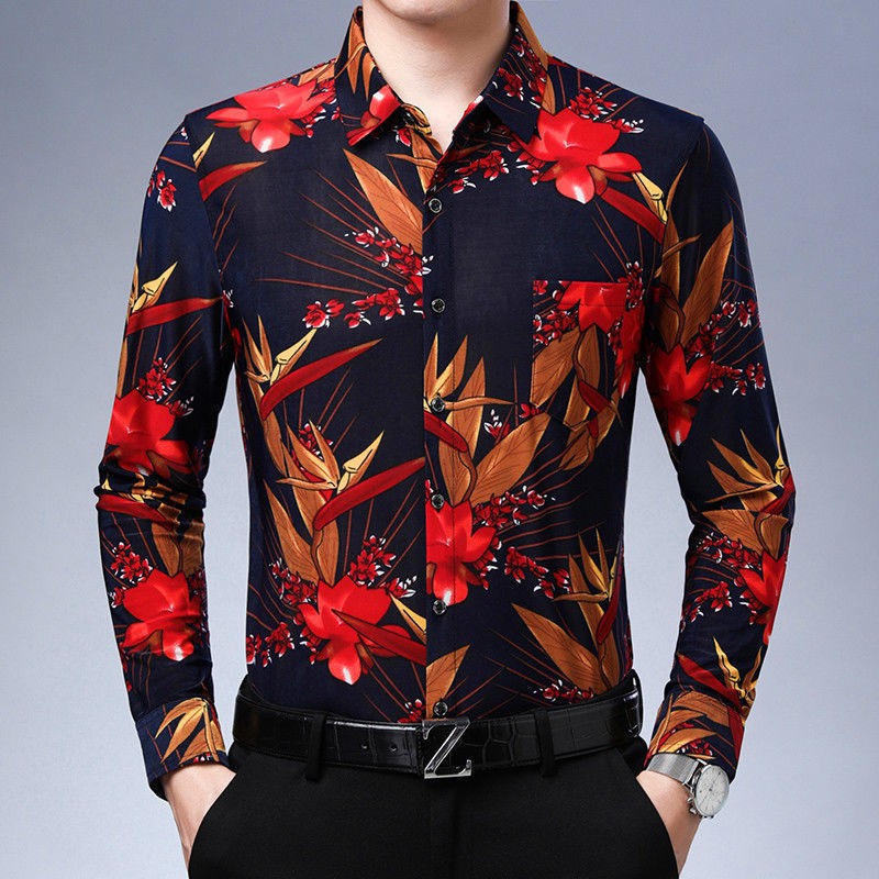 【Non-iron shirt】Men Formal Button Smart Casual Plus Size Long Sleeve Slim Fit New men's long sleeve floral shirt thin middle-aged and elderly business loose large no iron printed shirt fashionable men's floral