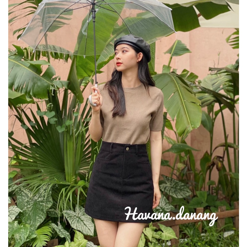 Chân váy nhung chữ A hai túi có kèm lót quần bên trong, chất nhung tăm dày dặn AE65
