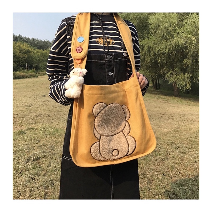 Túi vải tote đeo chéo vai con gấu siêu cute cỡ lớn Trang Xuka order 2 tuần