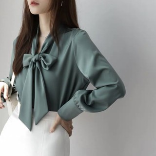 Áo sơ mi HINSTORE79 áo kiểu công sở nữ lụa cổ nơ bản to tay bồng kiểu dáng thiểu thư thanh lịch 041