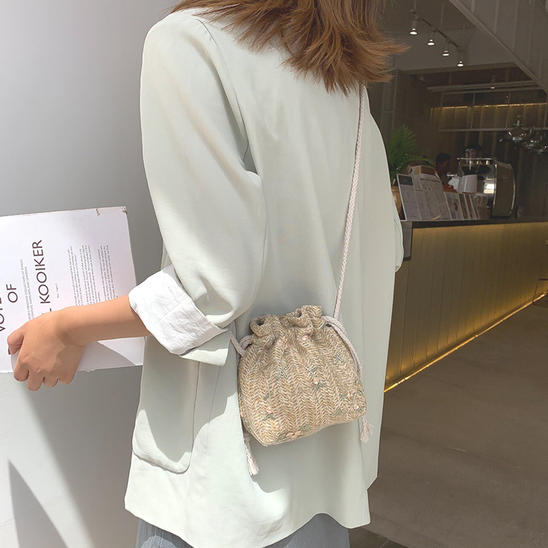 Túi Xách Nữ Túi Cói Đeo Vai Dáng Xô Dây Rút Phối Ren Dễ Thương Thời Trang Cho Nữ