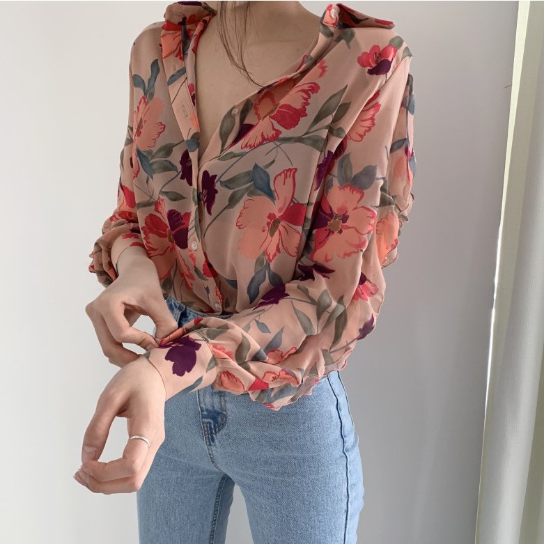 Xiaozhainv Áo Kiểu Tay Dài Hoạ Tiết Hoa Thiết Kế Dáng Rộng Thoải Mái