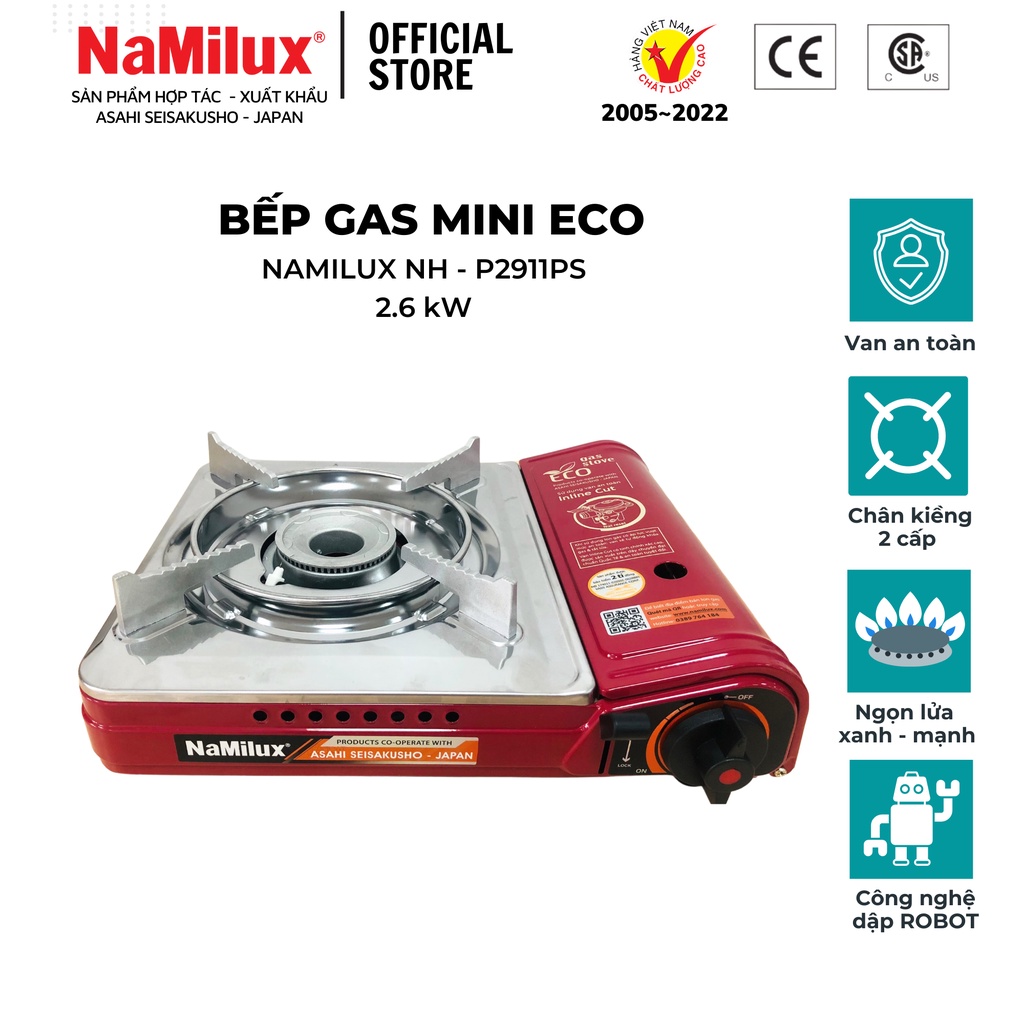 Bếp Gas Mini Eco NAMILUX NH-P2911PS│Van Ngắt Gas An Toàn Tự Động│Công Suất 2.6 Kw (2.200 kcal/giờ) - Hàng Chính Hãng