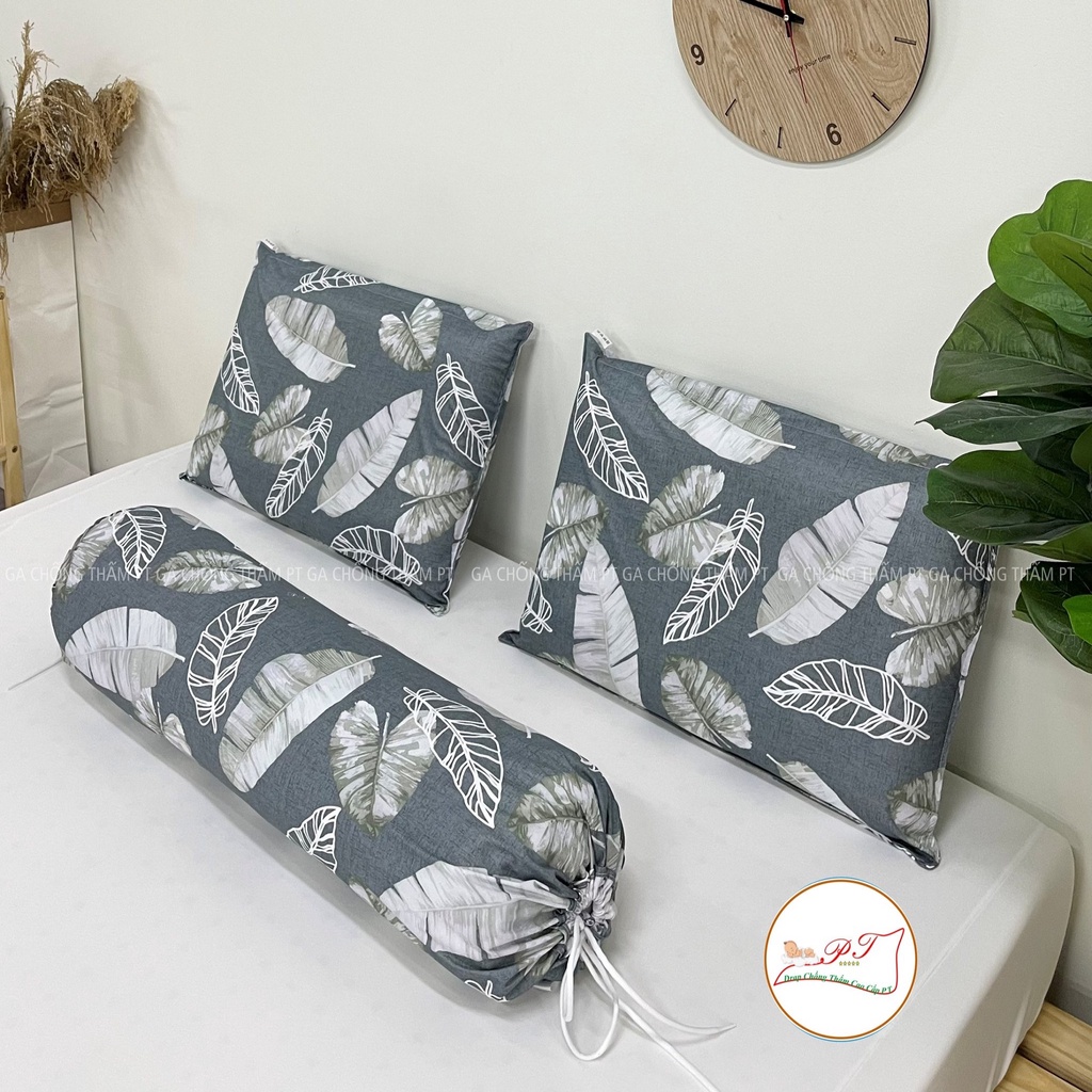 Bộ ga chống thấm cotton cho bé, drap chống thấm nước cao cấp kèm vỏ gối đầu và vỏ gối ôm mềm mịn mát (mẫu lá môn)