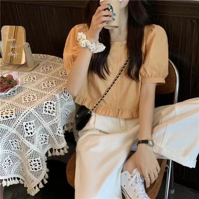 Áo Sơ Mi Cổ Vuông Tay Ngắn Thời Trang Mùa Hè Phong Cách Pháp Ngọt Ngào Cho Nữ