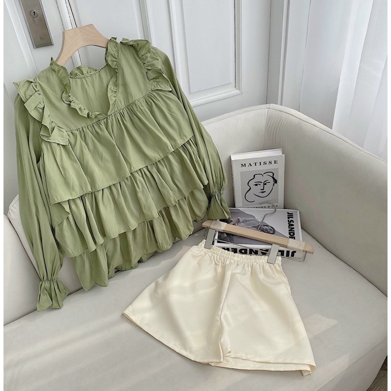 SET ÁO XANH BÈO TAY PHỒNG XẾP LY  + SHORT LƯNG THUN | BigBuy360 - bigbuy360.vn