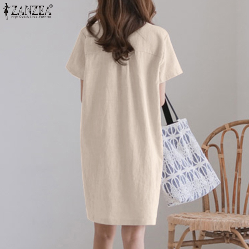 Zanzea Đầm ôm Ngắn Tay Cổ Tròn Form Rộng Màu Trơn Thời Trang