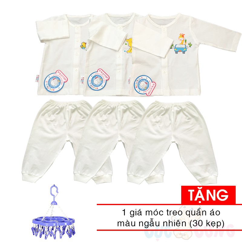 Bộ 3 Quần dài trắng có bo sơ sinh Hello B&B size XL + 3 Áo cài nút giữa tay dài số 3 TẶNG 1 giá kẹp phơi