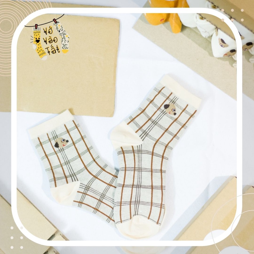 TẤT VỚ NỮ CỔ CAO CÚN NÂU VÀ MÈO CAM