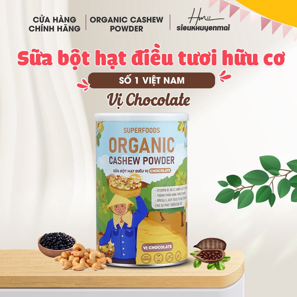 Bột Sữa Hạt Điều Hữu Cơ, Protein Thực Vật Thuần Chay Organic, Sữa Hạt Cho Người Ăn Chay Ăn Kiêng, hộp 300g Vị Socola
