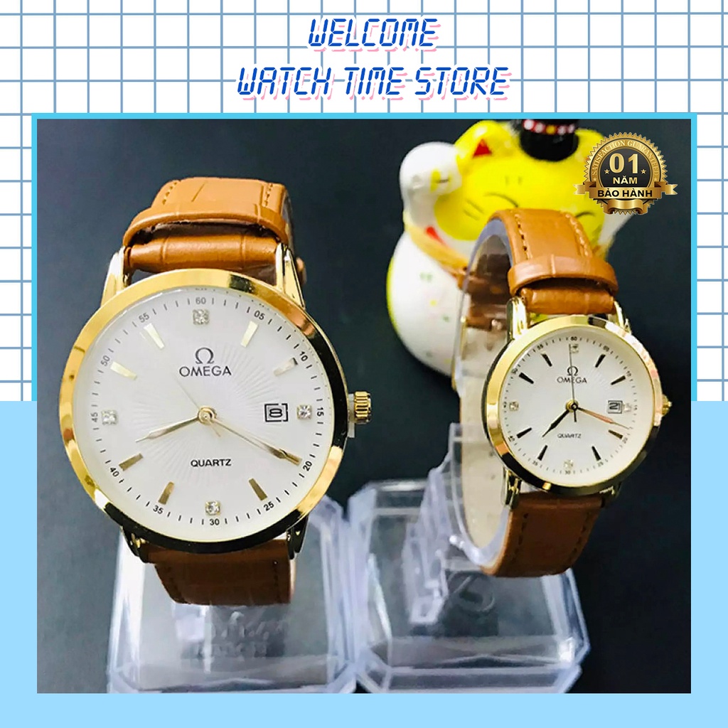 Đồng hồ đôi nam nữ Omega chất liệu dây da bò, mặt trắng, kính chống xước, chống nước, bảo hành 12 tháng
