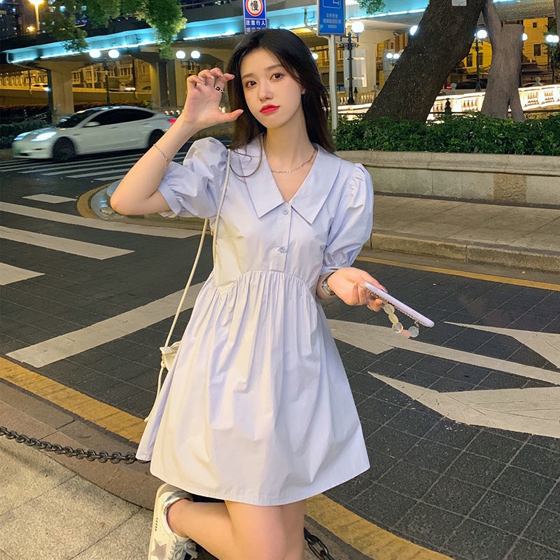 Đầm Sơ Mi Tay Ngắn Phồng Cổ polo Chiết Eo Dáng Chữ A Thời Trang Xinh Xắn Cho Nữ