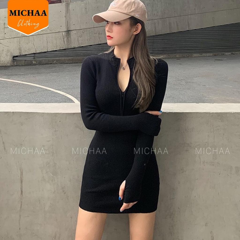 Váy Body PHỐI KHÓA KÉO Trước Cổ Chữ V, Đầm Ôm Thun Gân Kiểu Dài Tay - MICHAA