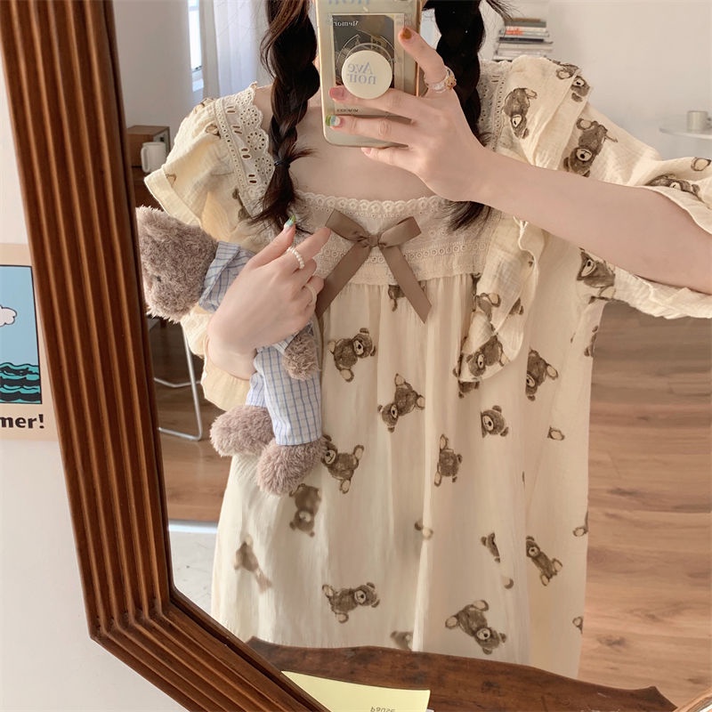 Đồ ngủ Tay Ngắn Dáng Rộng In Hình Gấu Dễ Thương Thời Trang Mùa Hè Cho Nữ