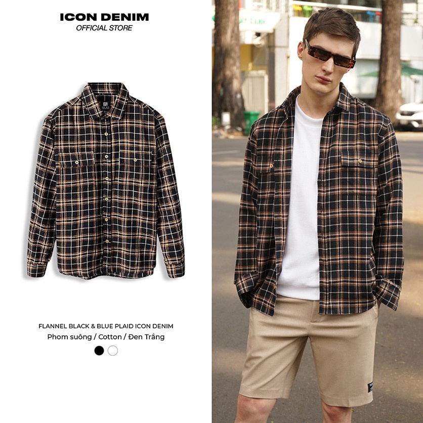 Áo Sơ Mi Nam ICON DENIM Flannel Có Túi Black & Blue Plaid SM011023