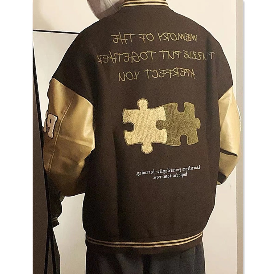 Áo khoác bóng chày vải len phối nhung dày tùy chọn màu sắc và họa tiết retro thời trang cho nam