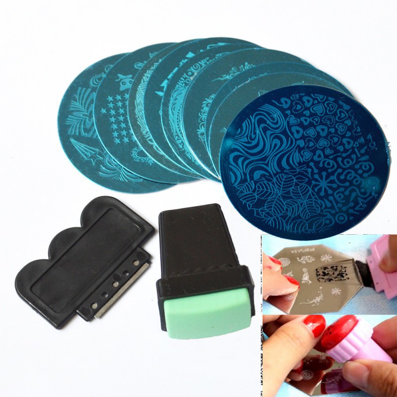 Set 10 Tấm Inox Dán Móng Tay + 1 Con Dấu + 1 Dụng Cụ Cạo Họa Tiết Ngẫu Nhiên