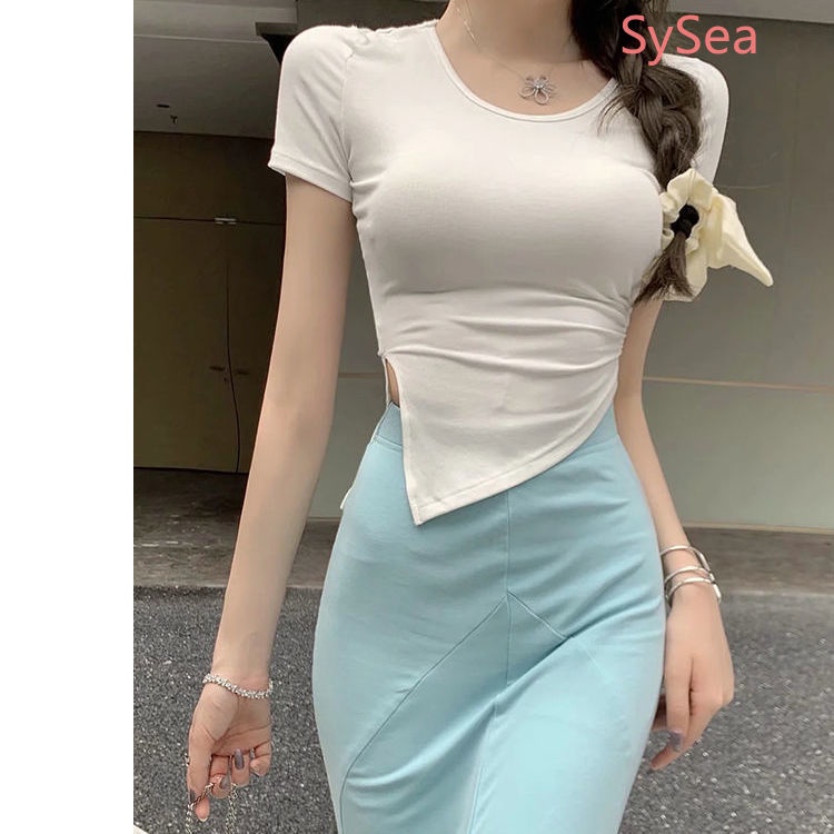 Bộ Áo Thun Lệch Tà + Đầm Đuôi Cá Thời Trang Mùa Hè Dành Cho Nữ