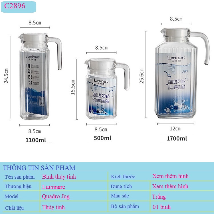 Bình Đựng Nước Thủy Tinh Cute Chịu Nhiệt Cao Giữ Nhiệt Tốt Chính Hãng Luminarc Quadro Jug C2896 Dung Tích 1,7 Lít | BigBuy360 - bigbuy360.vn