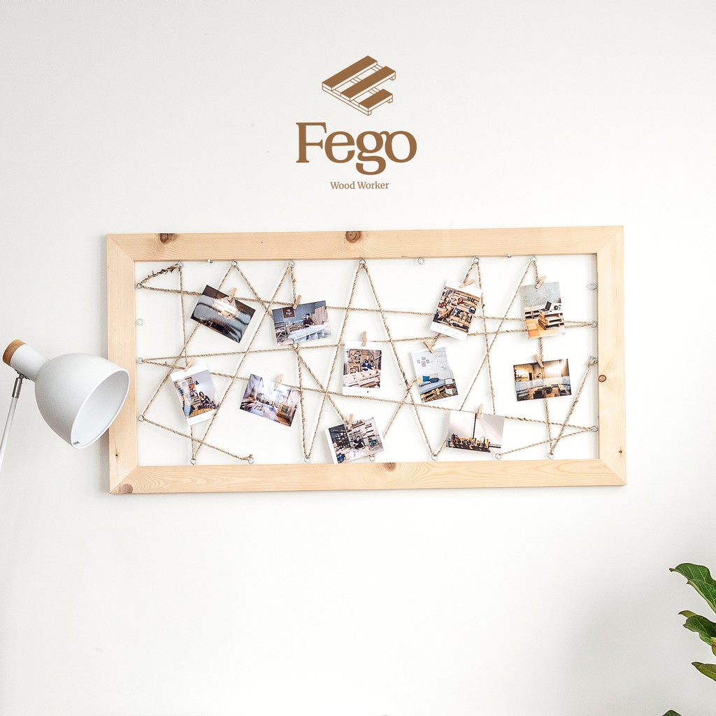 Khung ảnh treo tường dạng lưới bằng gỗ thông Fego/ Giá treo ảnh tặng kèm kẹp gỗ Decor trang trí nhà cửa | WebRaoVat - webraovat.net.vn