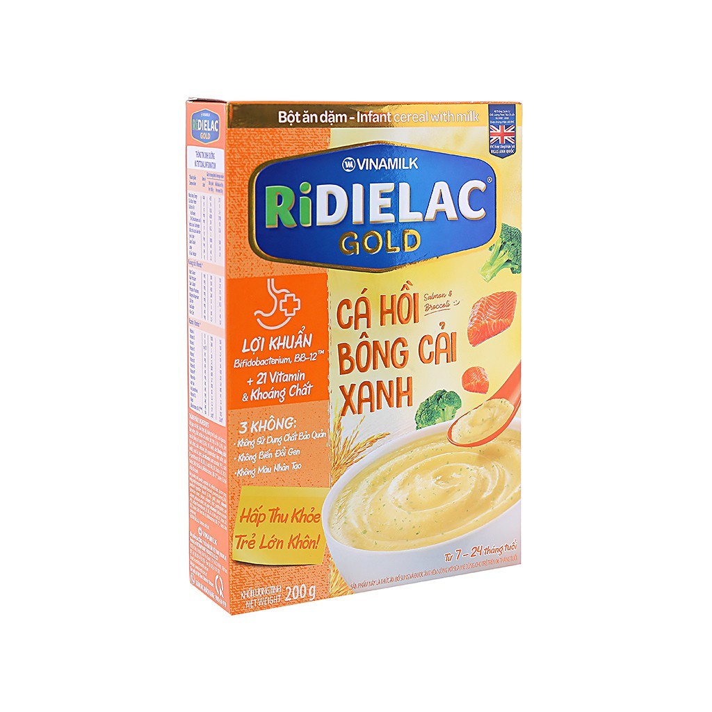 BỘT ĂN DẶM RIDIELAC GOLD CÁ HỒI BÔNG CẢI XANH - HỘP GIẤY 200G