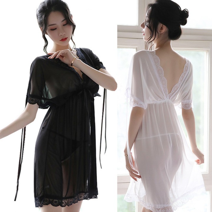 Váy ngủ ren sexy bẹt vai mặc hai kiểu đồ ngủ big size dưới 65kg chất voan thun voanvới màu trắng tinh khôi | BigBuy360 - bigbuy360.vn