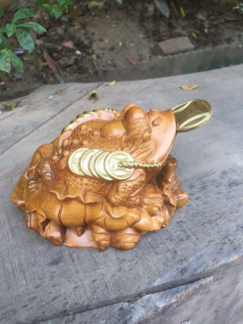 Tượng mỹ nghê - tượng cóc ngậm tiền - thiềm thừ gỗ bách xanh mạ vàng | BigBuy360 - bigbuy360.vn