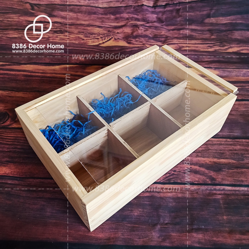 Hộp quà tết, khay gỗ gói quà, Hộp đựng đồ 6 ngăn mặt mica trong suốt - Pallet gỗ thông